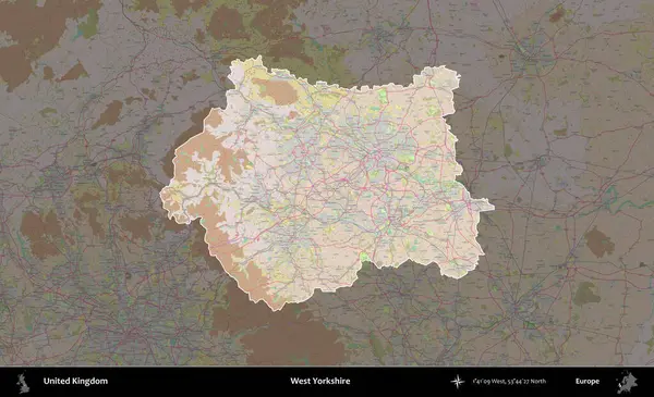 Batı Yorkshire. Birleşik Krallık 'ın idari alanı koyu renk bir OpenStreetMap Standart Haritası üzerine vurgulanmış ve özetlenmiştir