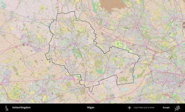 Wigan. Birleşik Krallık 'ın bir OpenStreetMap Standart biçim haritasında özetlenmiş idari alanı