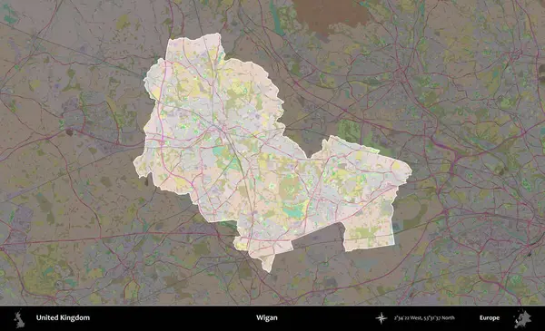 Wigan. Birleşik Krallık 'ın idari alanı koyu renk bir OpenStreetMap Standart Haritası üzerine vurgulanmış ve özetlenmiştir