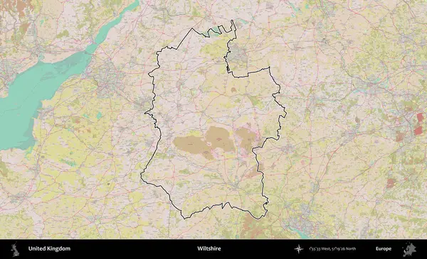 Wiltshire 'da. Birleşik Krallık 'ın bir OpenStreetMap Standart biçim haritasında özetlenmiş idari alanı