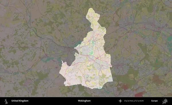 Wokingham. Birleşik Krallık 'ın idari alanı koyu renk bir OpenStreetMap Standart Haritası üzerine vurgulanmış ve özetlenmiştir