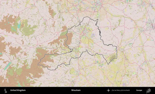 Wrexham. Birleşik Krallık 'ın bir OpenStreetMap Standart biçim haritasında özetlenmiş idari alanı