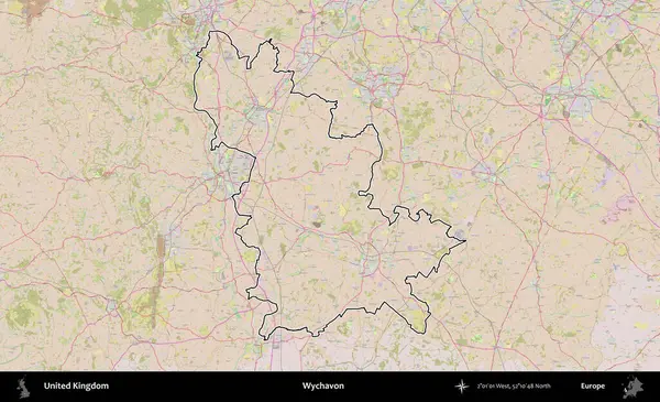 Wychavon. Birleşik Krallık 'ın bir OpenStreetMap Standart biçim haritasında özetlenmiş idari alanı