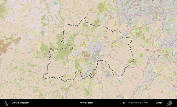Wyre Ormanı. Birleşik Krallık 'ın bir OpenStreetMap Standart biçim haritasında özetlenmiş idari alanı