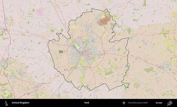 - York. Birleşik Krallık 'ın bir OpenStreetMap Standart biçim haritasında özetlenmiş idari alanı