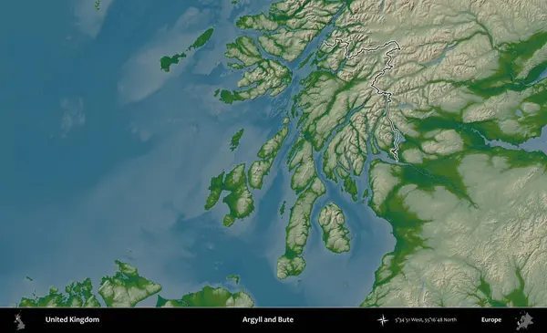 Argyll ve Bute. Renkli bir yükseklik haritasında Birleşik Krallık 'ın özetlenmiş yönetim alanı