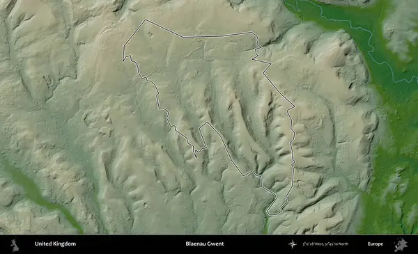 Blaenau Gwent. Renkli bir yükseklik haritasında Birleşik Krallık 'ın özetlenmiş yönetim alanı