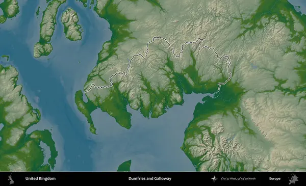 Dumfries ve Galloway. Renkli bir yükseklik haritasında Birleşik Krallık 'ın özetlenmiş yönetim alanı