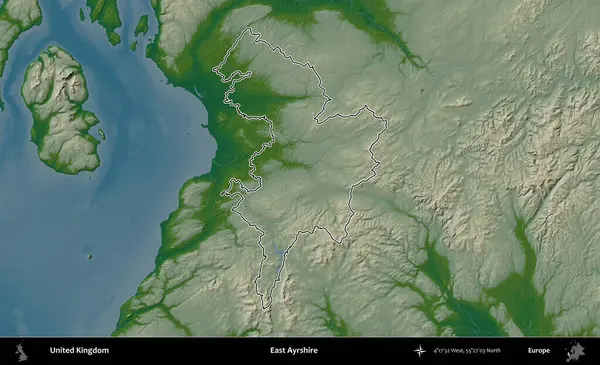 Doğu Ayrshire. Renkli bir yükseklik haritasında Birleşik Krallık 'ın özetlenmiş yönetim alanı