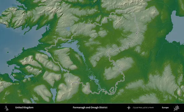 Fermanagh ve Omagh Bölgesi. Renkli bir yükseklik haritasında Birleşik Krallık 'ın özetlenmiş yönetim alanı