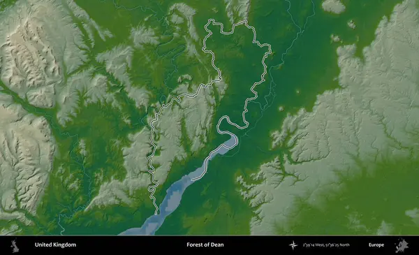 Dean Ormanı. Renkli bir yükseklik haritasında Birleşik Krallık 'ın özetlenmiş yönetim alanı