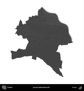Powiat aleksanhipski. Polonya 'nın idari bölgesi gri ölçekli yükseklik haritasında beyaza izole edildi
