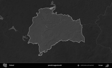 powiat augustowski. Polonya 'nın idari bölgesi kararmış bir gri tonlama yükseklik haritasına vurgulandı ve özetlendi