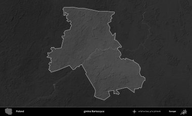 gmina Bartoszyce. Polonya 'nın idari bölgesi kararmış bir gri tonlama yükseklik haritasına vurgulandı ve özetlendi
