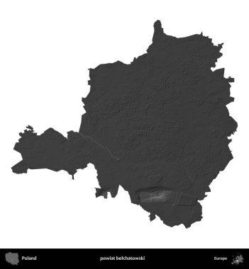 powiat belchatowski. Polonya 'nın idari bölgesi gri ölçekli yükseklik haritasında beyaza izole edildi