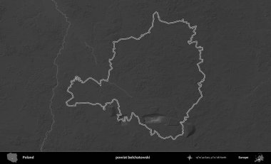 powiat belchatowski. Polonya 'nın idari bölgesini gri ölçekli bir yükseklik haritasında özetledim
