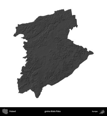 gmina Biala Piska. Polonya 'nın idari bölgesi gri ölçekli yükseklik haritasında beyaza izole edildi