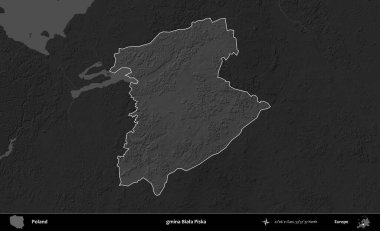 gmina Biala Piska. Polonya 'nın idari bölgesi kararmış bir gri tonlama yükseklik haritasına vurgulandı ve özetlendi