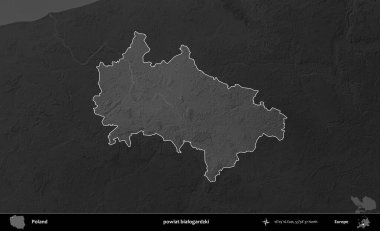 powiat bialogardzki. Polonya 'nın idari bölgesi kararmış bir gri tonlama yükseklik haritasına vurgulandı ve özetlendi