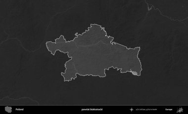 powiat bialostocki. Polonya 'nın idari bölgesi kararmış bir gri tonlama yükseklik haritasına vurgulandı ve özetlendi