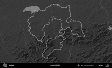 powiat bielski. Polonya 'nın idari bölgesini gri ölçekli bir yükseklik haritasında özetledim