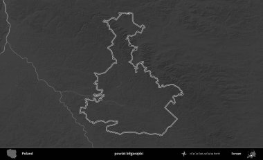 powiat bilgorajski. Polonya 'nın idari bölgesini gri ölçekli bir yükseklik haritasında özetledim