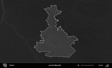 powiat bilgorajski. Polonya 'nın idari bölgesi kararmış bir gri tonlama yükseklik haritasına vurgulandı ve özetlendi