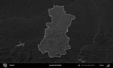 powiat bochenski. Polonya 'nın idari bölgesi kararmış bir gri tonlama yükseklik haritasına vurgulandı ve özetlendi
