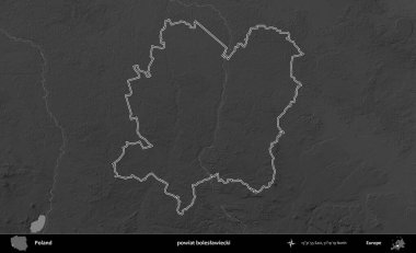 powiat boleslawiecki. Polonya 'nın idari bölgesini gri ölçekli bir yükseklik haritasında özetledim