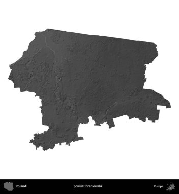 powiat braniewski. Polonya 'nın idari bölgesi gri ölçekli yükseklik haritasında beyaza izole edildi