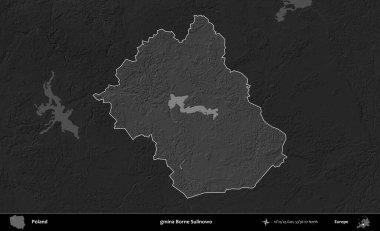 gmina Borne Sulinowo. Polonya 'nın idari bölgesi kararmış bir gri tonlama yükseklik haritasına vurgulandı ve özetlendi