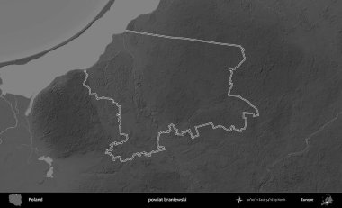 powiat braniewski. Polonya 'nın idari bölgesini gri ölçekli bir yükseklik haritasında özetledim