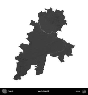 powiat brzeski. Polonya 'nın idari bölgesi gri ölçekli yükseklik haritasında beyaza izole edildi
