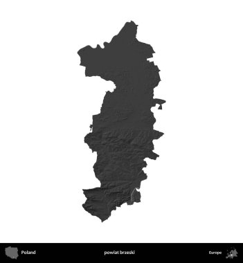 powiat brzeski. Polonya 'nın idari bölgesi gri ölçekli yükseklik haritasında beyaza izole edildi