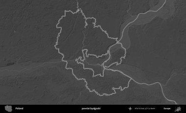 powiat bydgoski. Polonya 'nın idari bölgesini gri ölçekli bir yükseklik haritasında özetledim