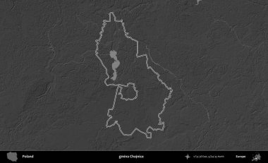 gmina Chojnice. Polonya 'nın idari bölgesini gri ölçekli bir yükseklik haritasında özetledim