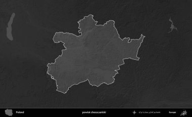 powiat choszczenski. Polonya 'nın idari bölgesi kararmış bir gri tonlama yükseklik haritasına vurgulandı ve özetlendi
