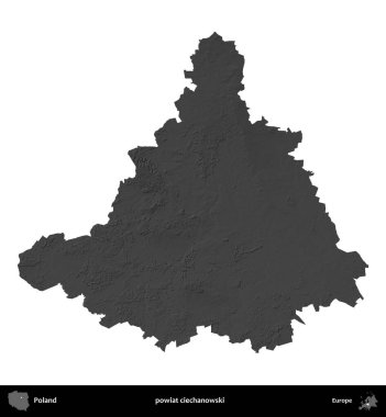powiat ciechanowski. Polonya 'nın idari bölgesi gri ölçekli yükseklik haritasında beyaza izole edildi