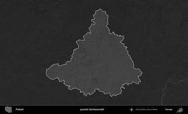 powiat ciechanowski. Polonya 'nın idari bölgesi kararmış bir gri tonlama yükseklik haritasına vurgulandı ve özetlendi