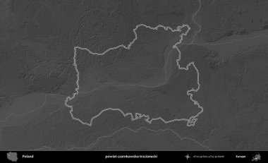 powiat czarnkowsko-trzcianecki. Polonya 'nın idari bölgesini gri ölçekli bir yükseklik haritasında özetledim