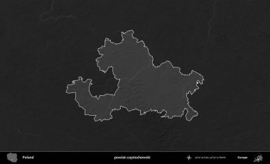 powiat czestochowski. Polonya 'nın idari bölgesi kararmış bir gri tonlama yükseklik haritasına vurgulandı ve özetlendi