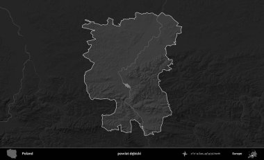 powiat debicki. Polonya 'nın idari bölgesi kararmış bir gri tonlama yükseklik haritasına vurgulandı ve özetlendi