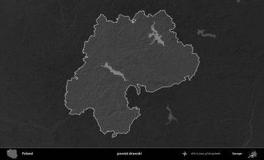 powiat drawski. Polonya 'nın idari bölgesi kararmış bir gri tonlama yükseklik haritasına vurgulandı ve özetlendi
