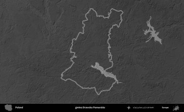 gmina Drawsko Pomorskie. Polonya 'nın idari bölgesini gri ölçekli bir yükseklik haritasında özetledim