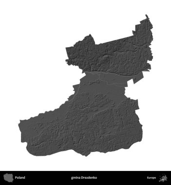 gmina Drezdenko. Polonya 'nın idari bölgesi gri ölçekli yükseklik haritasında beyaza izole edildi
