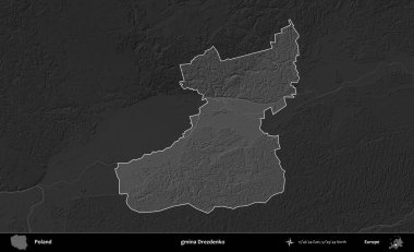 gmina Drezdenko. Polonya 'nın idari bölgesi kararmış bir gri tonlama yükseklik haritasına vurgulandı ve özetlendi