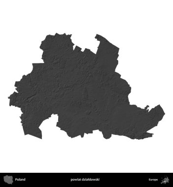powiat dzialdowski. Polonya 'nın idari bölgesi gri ölçekli yükseklik haritasında beyaza izole edildi