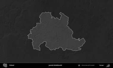 powiat dzialdowski. Polonya 'nın idari bölgesi kararmış bir gri tonlama yükseklik haritasına vurgulandı ve özetlendi