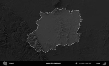 powiat dzierzoniowski. Polonya 'nın idari bölgesi kararmış bir gri tonlama yükseklik haritasına vurgulandı ve özetlendi