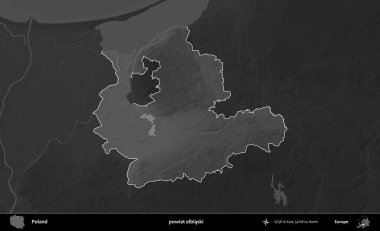 powiat elblaski. Polonya 'nın idari bölgesi kararmış bir gri tonlama yükseklik haritasına vurgulandı ve özetlendi